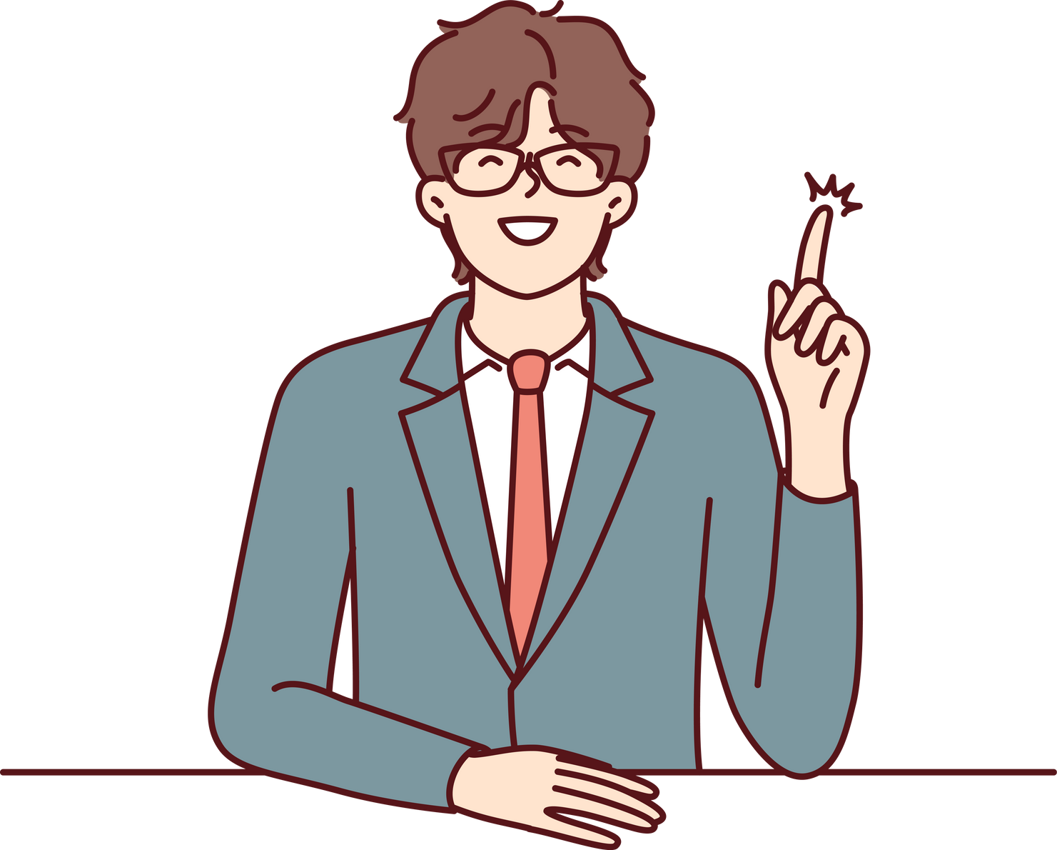 Man in business suit raises hand and wants to speak during meeting with colleagues. Vector image