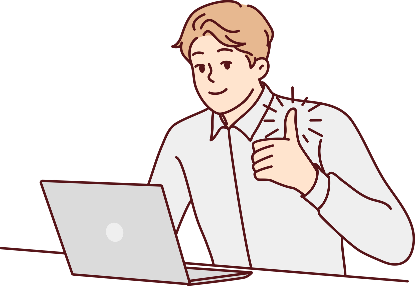 Smiling businessman work on laptop show thumb up